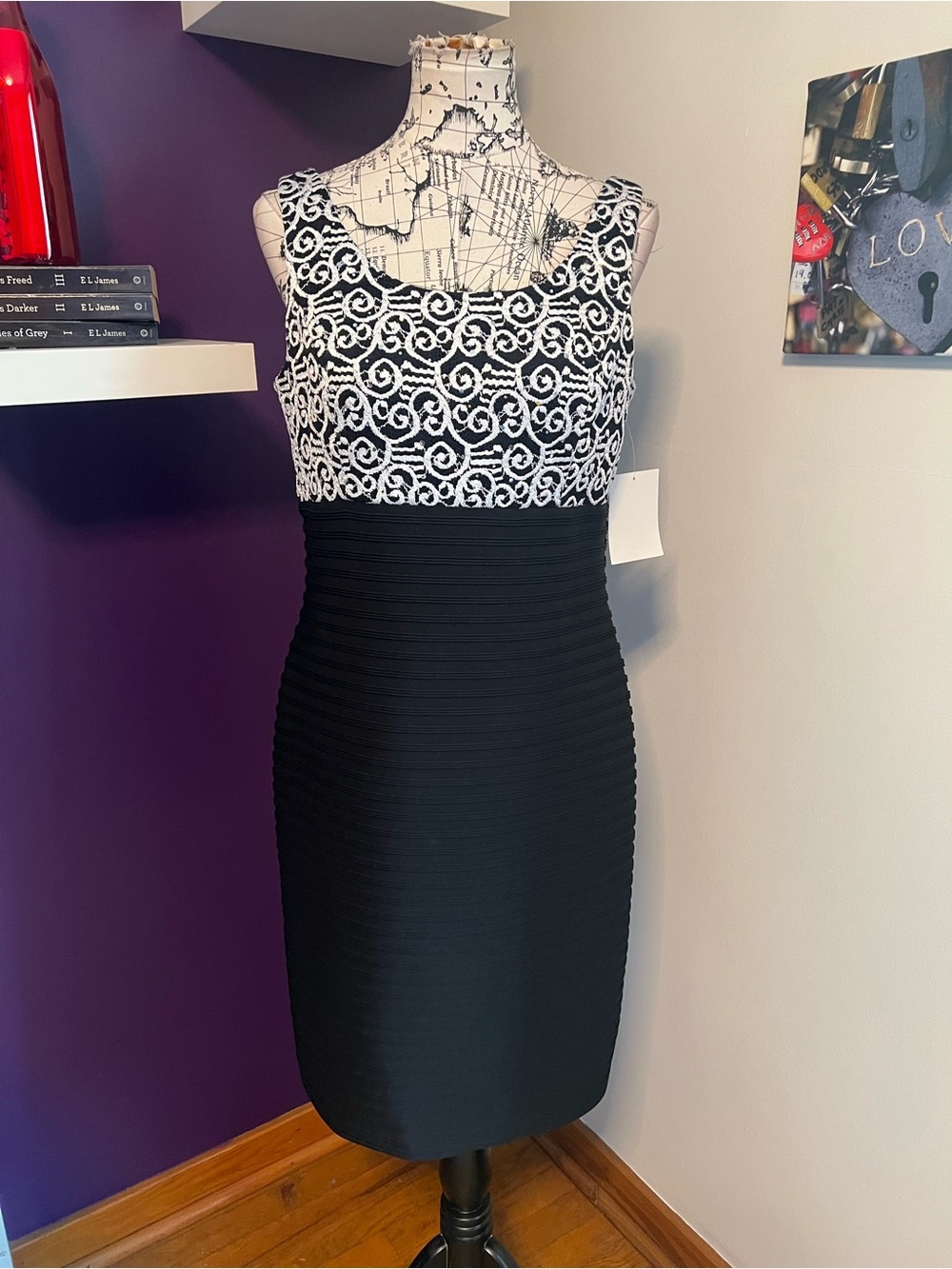 R&M Richards Sleeveless Black Dress with White Swirl Bodice